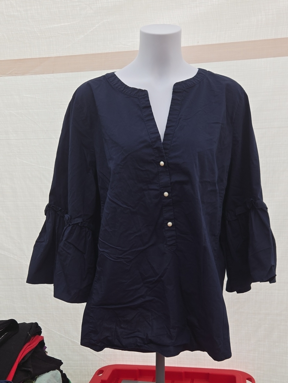 Navy Ruffle-Sleeve Popover Blouse with Pearl Buttons